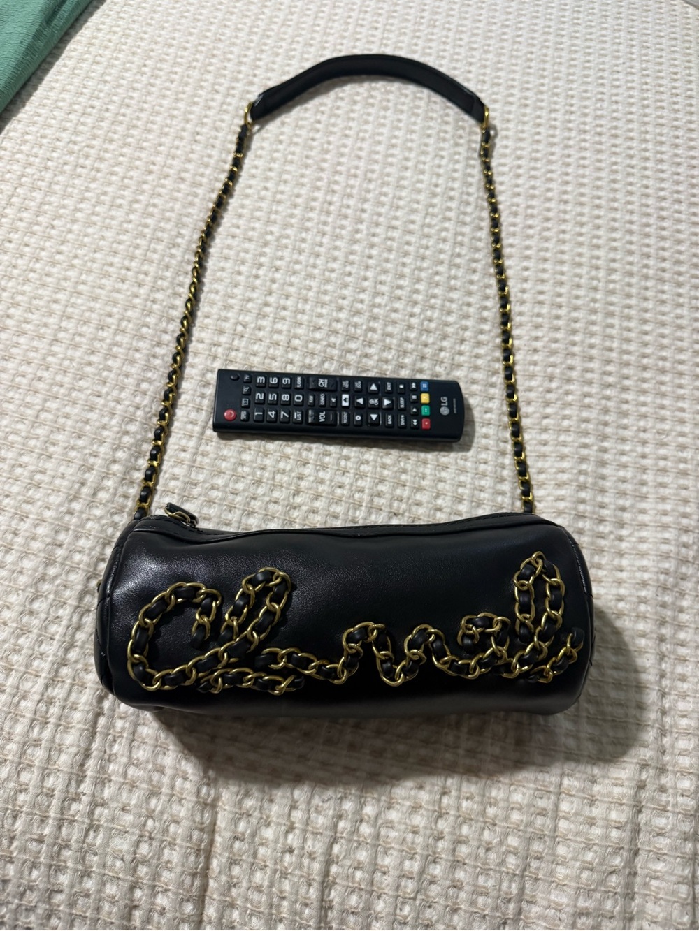Black Leather Chain-Accent Shoulder Bag